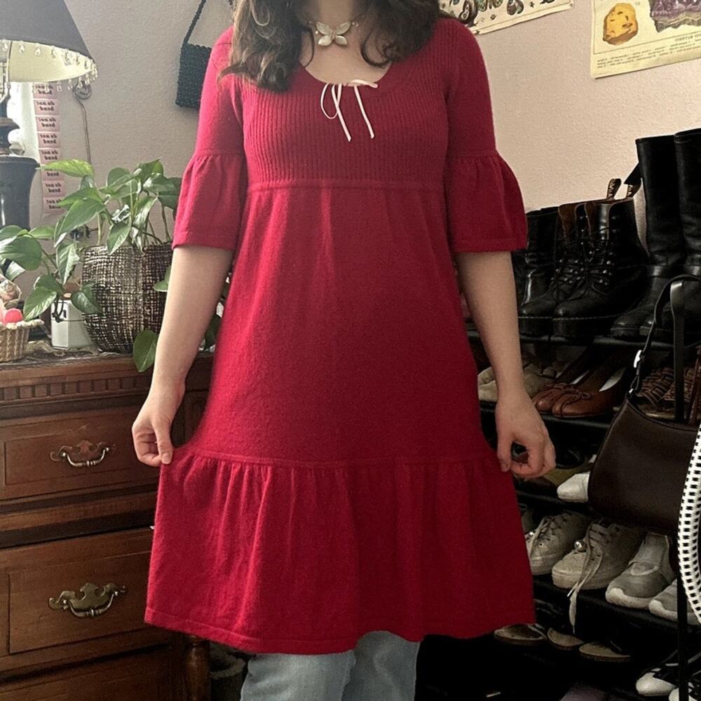 Qi 100% Cashmere Red Sweater Mini Dress Anthropologie Large Dolman Sleeve